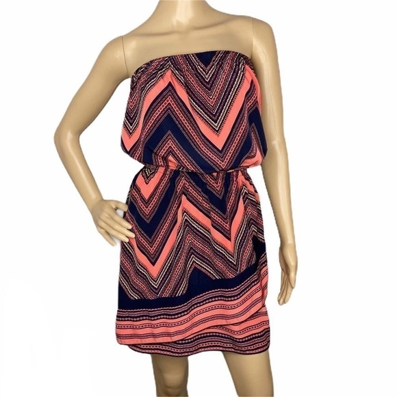 Express Coral & Navy Strapless Dress Size Small - Picture 1 of 7